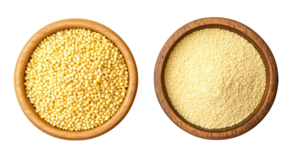 Yellow millet grains and millet powder overhead side by side on transparent background