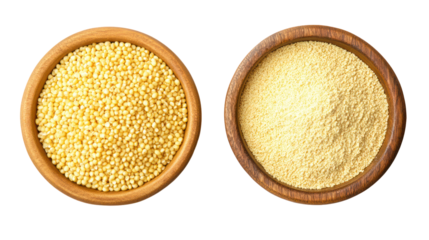 Yellow millet grains and millet powder overhead side by side on transparent background