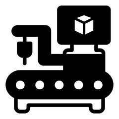 Conveyor, robotic arm, drill, remote control monitor solid icon, manufacturing concept, robot hand sign on white background, glyph style for mobile web design. Vector graphics.