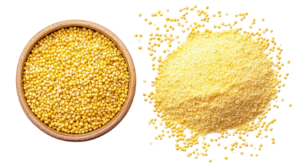 Yellow millet grains and millet powder overhead side by side on transparent background