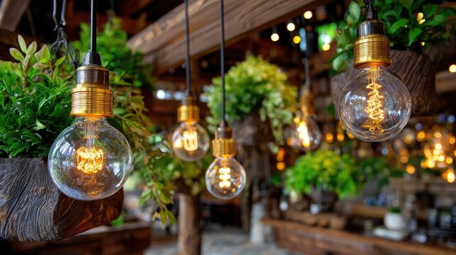 Decorative light bulbs and greenery interior design elements - Powered by Adobe