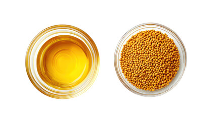 Mustard seeds and mustard oil in glass bowls isolated on transparent background