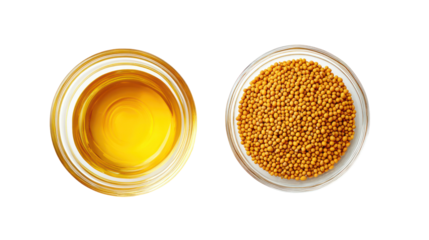 Mustard seeds and mustard oil in glass bowls isolated on transparent background