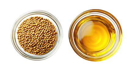 Two glass bowls one with mustard seeds and one with mustard oil isolated on transparent background