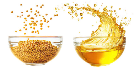 Yellow mustard seeds and mustard oil in a glass bowl with splashes on transparent background