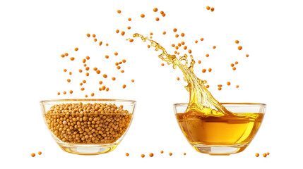 Yellow mustard seeds and mustard oil in a glass bowl with splashes on transparent background