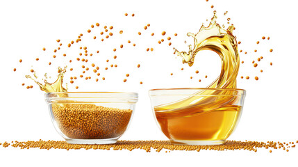 Yellow mustard seeds and mustard oil in a glass bowl with splashes on transparent background