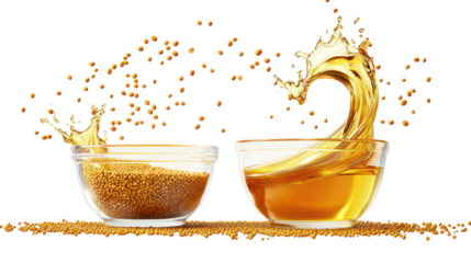 Yellow mustard seeds and mustard oil in a glass bowl with splashes on transparent background