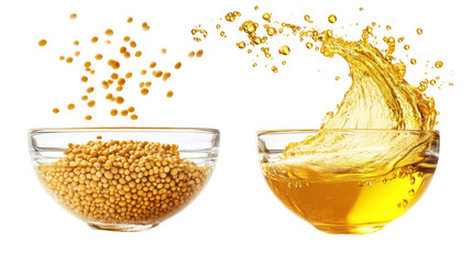 Yellow mustard seeds and mustard oil in a glass bowl with splashes on transparent background