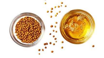 Yellow mustard seeds and mustard oil in a glass bowl with splashes on transparent background