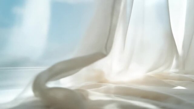 Soft white curtains billow gently in front of a bright, hazy sky
