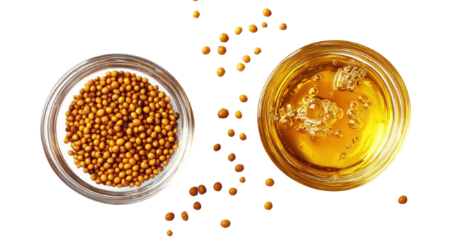 Yellow mustard seeds and mustard oil in a glass bowl with splashes on transparent background