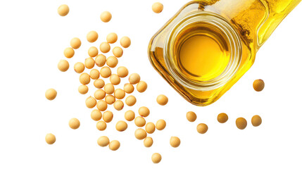 Soybeans and a bottle of soybean oil isolated on transparent background