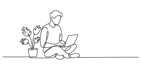 Continuous line drawing of a person working remotely on laptop
