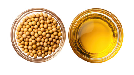 Two glass bowls one with mustard seeds and one with mustard oil isolated on transparent background