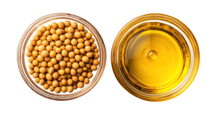 Soybeans and soybean oil in glass bowls isolated on transparent background