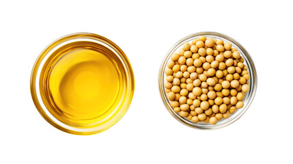 Soybeans and soybean oil in bowls isolated on transparent background