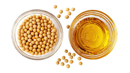 Two bowls of soybeans and soybean oil isolated on transparent background