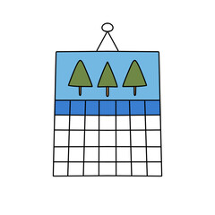 A calendar with a blue background and three trees on it