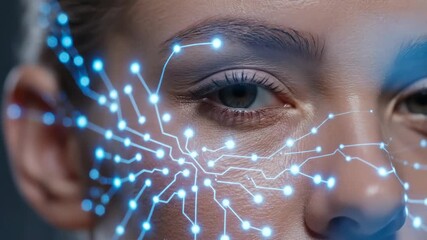 Close-up of a womans face with a digital network overlay, representing artificial intelligence and biometric recognition. - Powered by Adobe