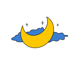 A yellow moon is on a blue cloud