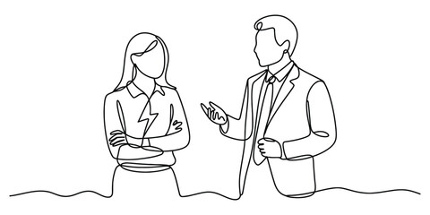 Business communication line art: two professionals discussing