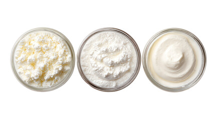Yogurt kefir fromage blanc overhead three sets side by side on transparent background