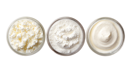 Yogurt kefir fromage blanc overhead three sets side by side on transparent background
