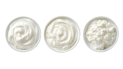 Yogurt kefir fromage blanc overhead three sets side by side on transparent background