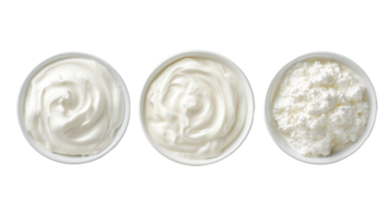 Yogurt kefir fromage blanc overhead three sets side by side on transparent background