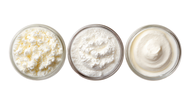 Yogurt kefir fromage blanc overhead three sets side by side on transparent background
