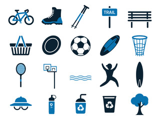 Fototapeta premium Collection of outdoor activity icons including a bicycle, hiking gear, and sports equipment.