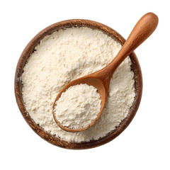 Wooden bowl filled with white rice and a wooden spoon