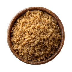 Top view of a wooden bowl filled with brown sugar on a white background