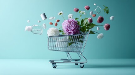 Floating flowers and makeup in surreal cart concept