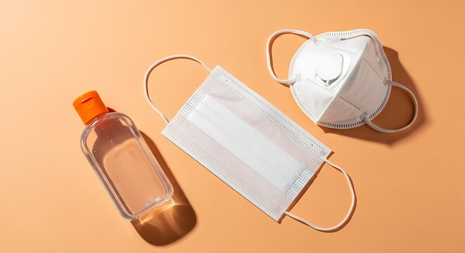 Personal protective equipment including face masks and hand sanitizer on a peach background