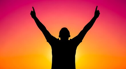 Fototapeta premium Triumphant silhouette raising arms to vibrant sunrise over sea of color