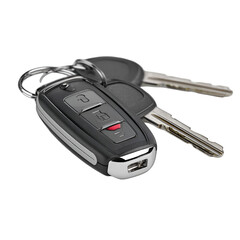 Modern car key fob with two metal keys on a white background