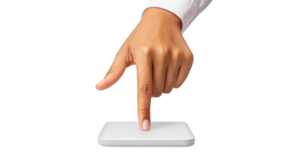Human hand pressing a blank white pad or button on background isolated on white background
