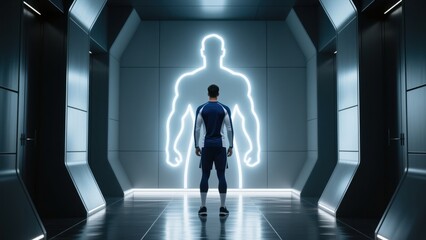 Fototapeta premium A person standing in a dark hallway looking at glowing strong silhouette, showing confidence and growth, high testosterone, boost testosterone