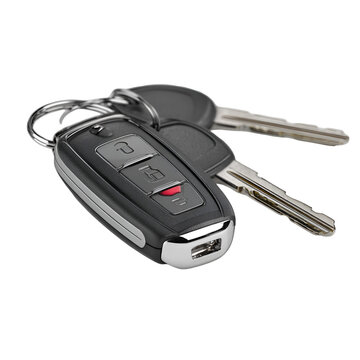 Modern car key fob with two metal keys on a white background