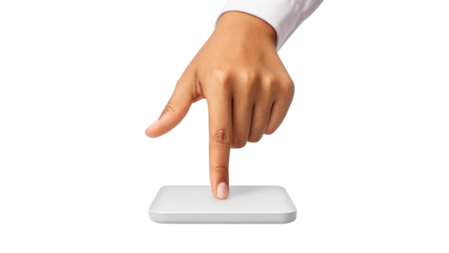 Human hand pressing a blank white pad or button on background isolated on white background