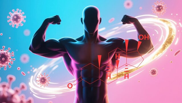 A strong figure flexing with glowing energy pushing away tiny floating germs, showing wellness and power, high testosterone, boost testosterone