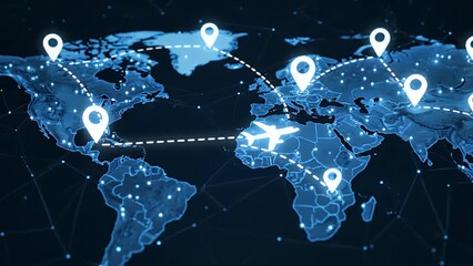 Airplane flies on a digital world map of flight paths - Powered by Adobe