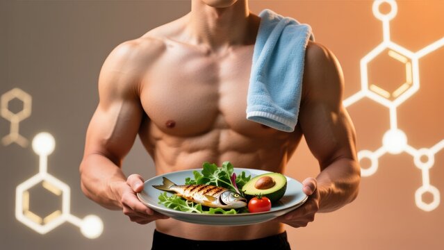 A fit torso holding a healthy meal with glowing science patterns showing balanced nutrition, high testosterone, boost testosterone