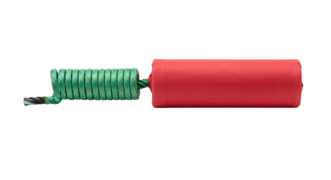 Close up of a red cylindrical object with a green coiled spring attached against a black background