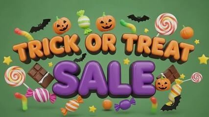 A Cute and spooky Halloween sale animation with candy, bats, and pumpkins in a clean 3D design Perfect for sales and advertisements - Powered by Adobe