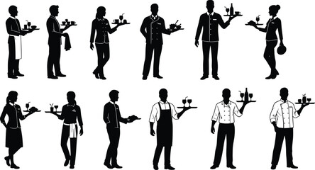 Restaurant staff silhouettes, waiter icons, hospitality workers, serving tray poses, catering team illustration, black uniform figures, food service concept, professional attire