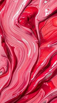 Rich red and pink liquid colors swirl and blend together in a smooth abstract pattern with subtle glossy highlights creating a vibrant texture. Vertical video.