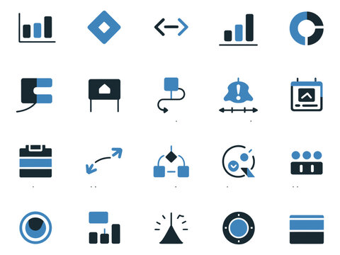 Collection of stylish blue and black icons representing data analysis and project management.